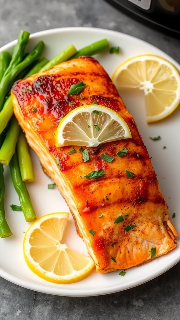 Crispy Air Fryer Salmon Fillets Recipe Crispy air fryer salmon fillet garnished with herbs and lemon on a white plate with vegetables.